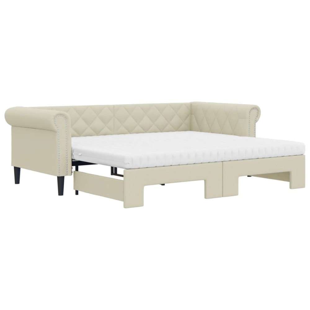 vidaXL Pat de zi cu extensie și saltele crem 90x200 cm piele ecologică