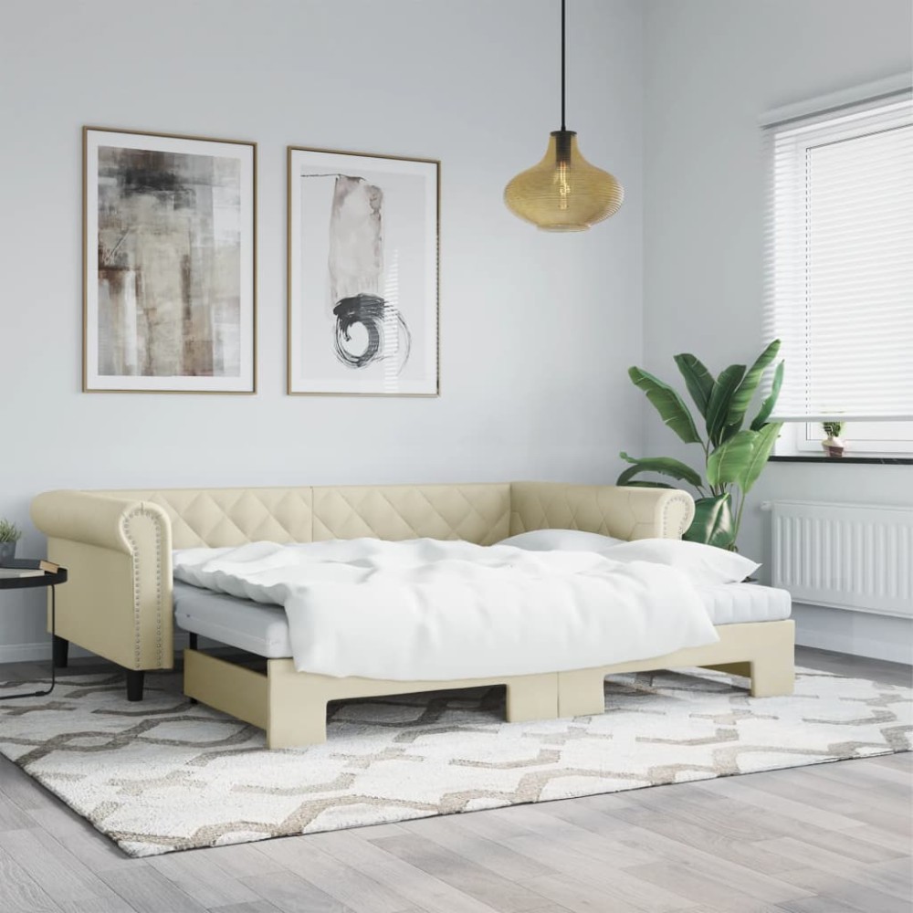 vidaXL Pat de zi cu extensie și saltele crem 90x200 cm piele ecologică