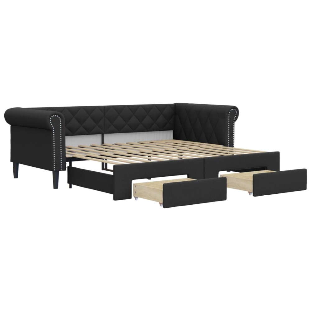 vidaXL Pat de zi cu extensie și sertare negru 90x200cm piele ecologică