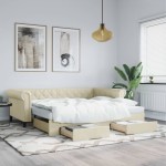vidaXL Pat de zi cu extensie și sertare crem 90x200 cm piele ecologică vidaXL Pat de zi cu extensie și sertare crem 90x200 cm piele ecologică