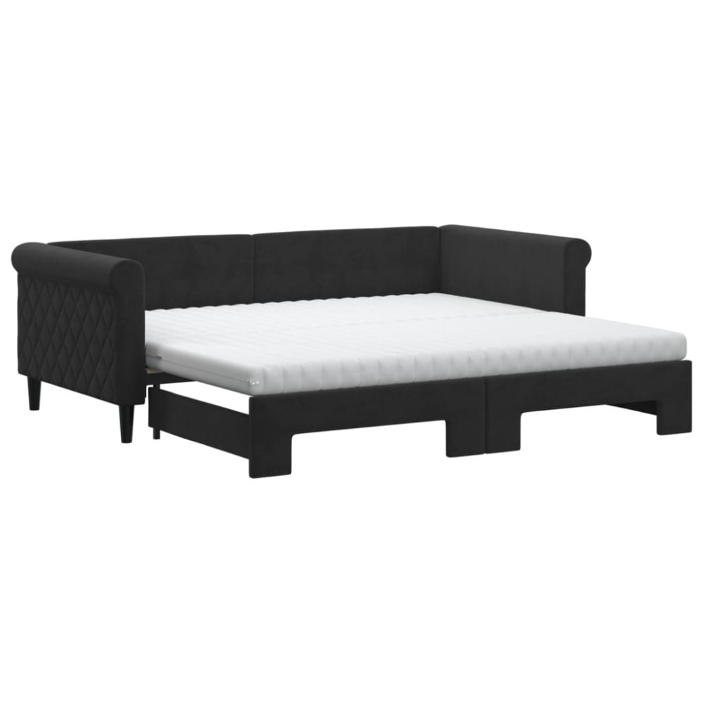 vidaXL Pat de zi cu extensie și saltele, negru, 90x190 cm, catifea