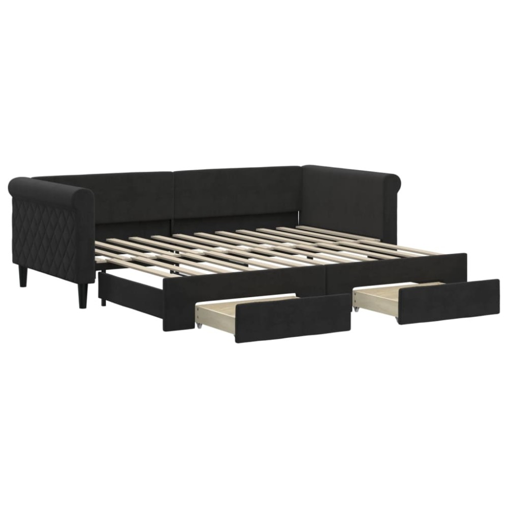 vidaXL Pat de zi cu extensie și sertare, negru, 90x200 cm, catifea
