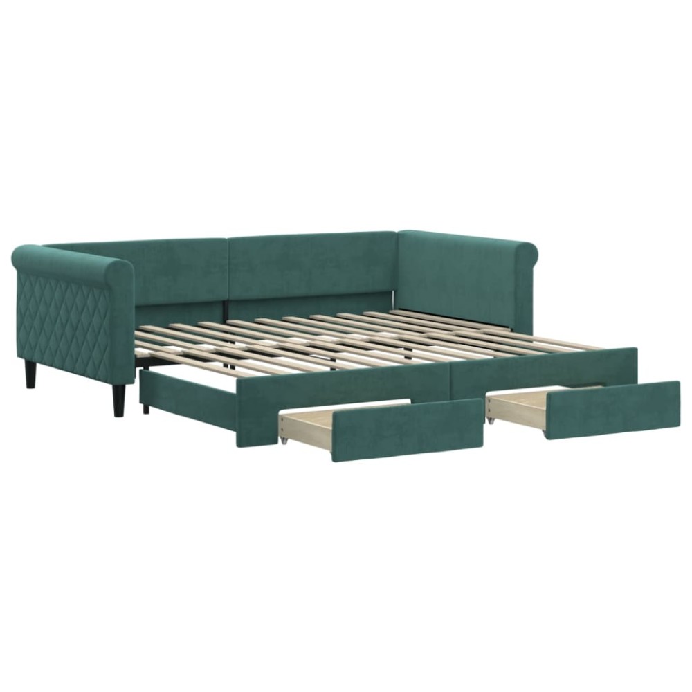 vidaXL Pat de zi cu extensie și sertare verde închis 100x200cm catifea