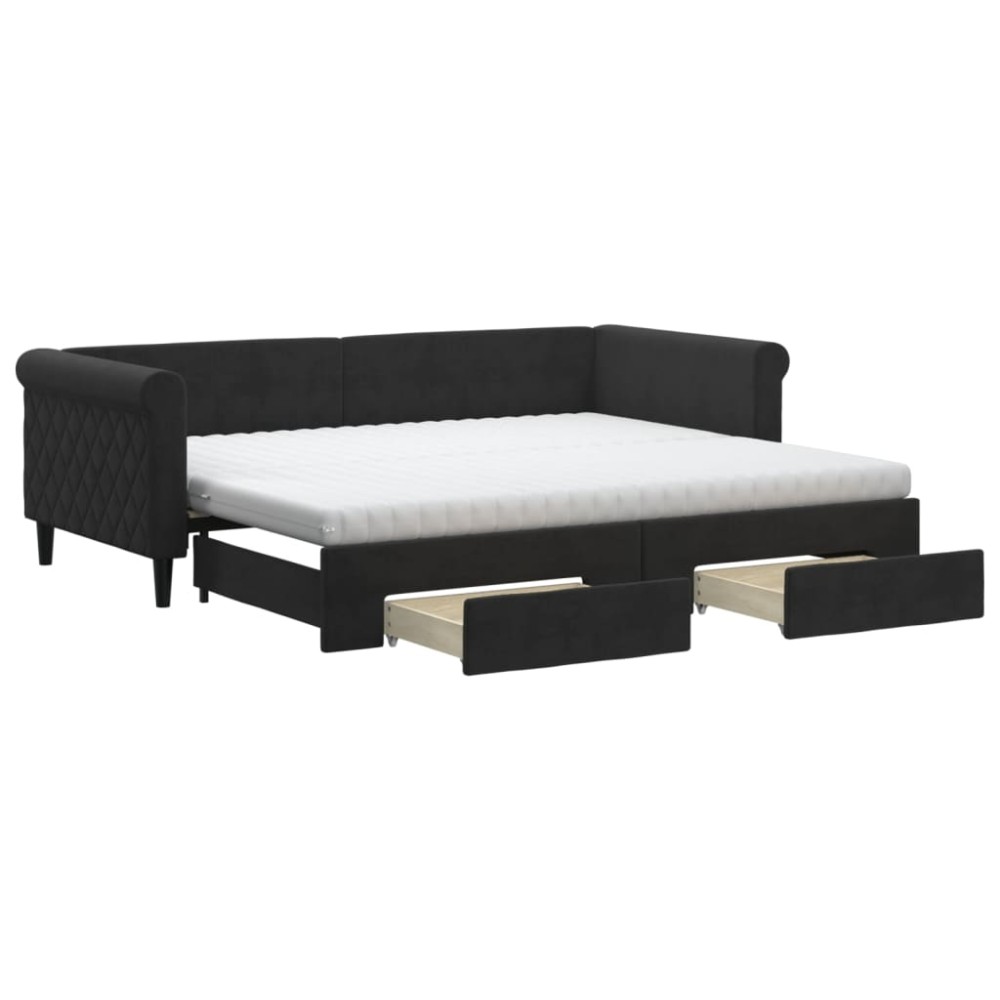 vidaXL Pat de zi cu extensie și sertare, negru, 90x200 cm, catifea