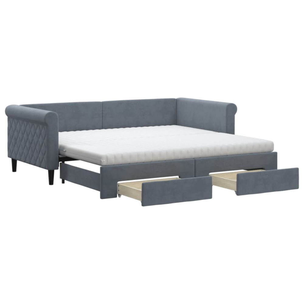 vidaXL Pat de zi cu extensie și sertare, gri închis, 90x190cm catifea