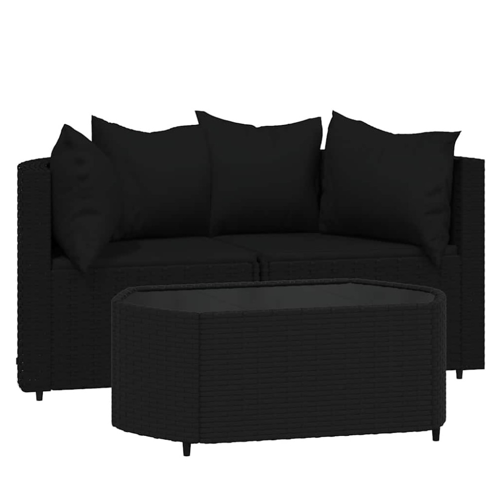 vidaXL Set mobilier de grădină cu perne, 3 piese, negru, poliratan