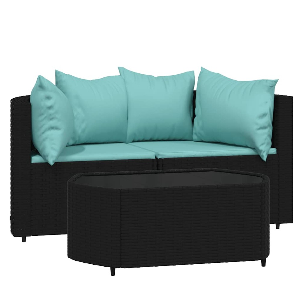 vidaXL Set mobilier de grădină cu perne, 3 piese, negru, poliratan