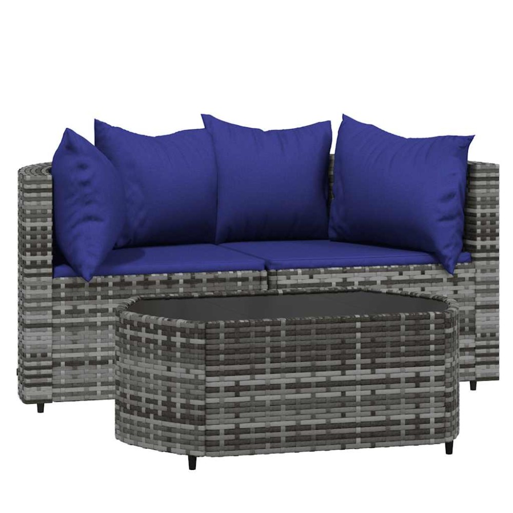 vidaXL Set mobilier de grădină cu perne, 3 piese, gri, poliratan