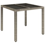 vidaXL Masă de grădină cu blat din sticlă, gri, 90x90x75 cm, poliratan vidaXL Masă de grădină cu blat din sticlă, gri, 90x90x75 cm, poliratan