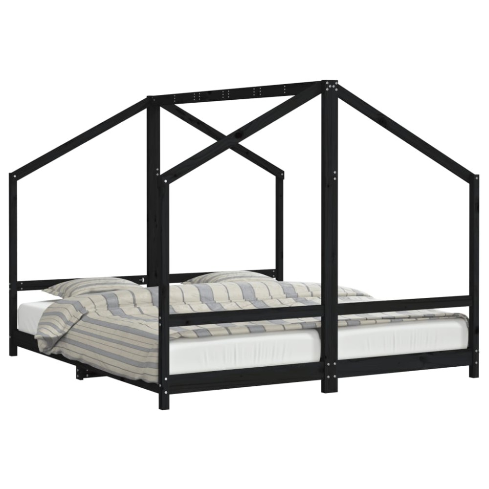 vidaXL Cadru de pat pentru copii negru 2x(90x200) cm lemn masiv de pin