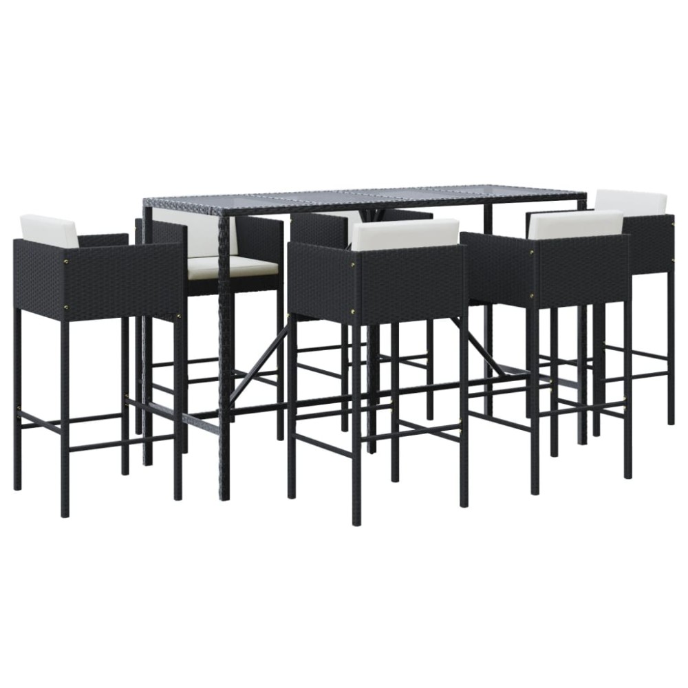 vidaXL Set bar de grădină, 7 piese, cu perne, negru, poliratan
