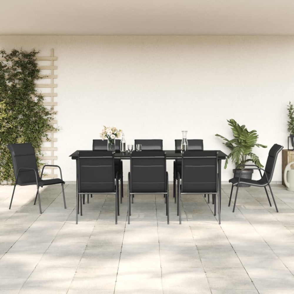 vidaXL Set mobilier de grădină, 9 piese, negru, oțel și textilenă