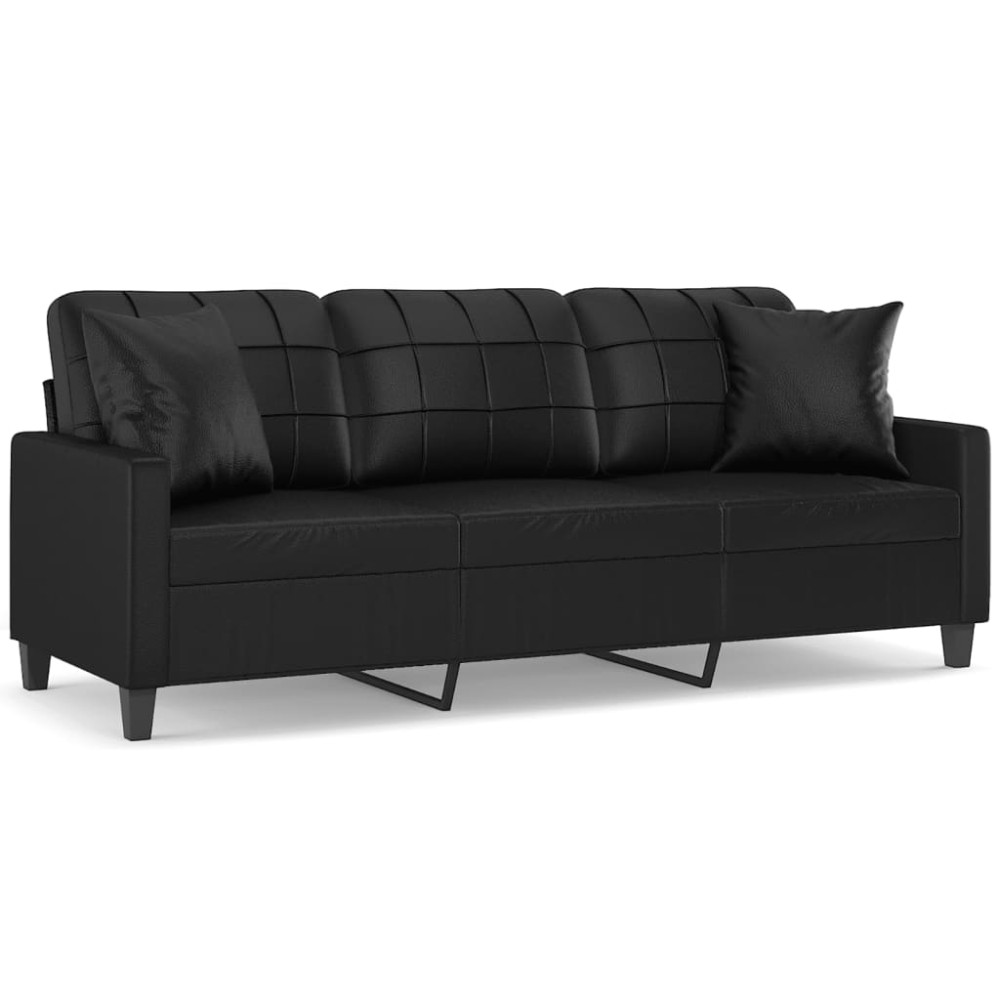 vidaXL Canapea cu 3 locuri cu pernuțe, negru, 180 cm, piele ecologică