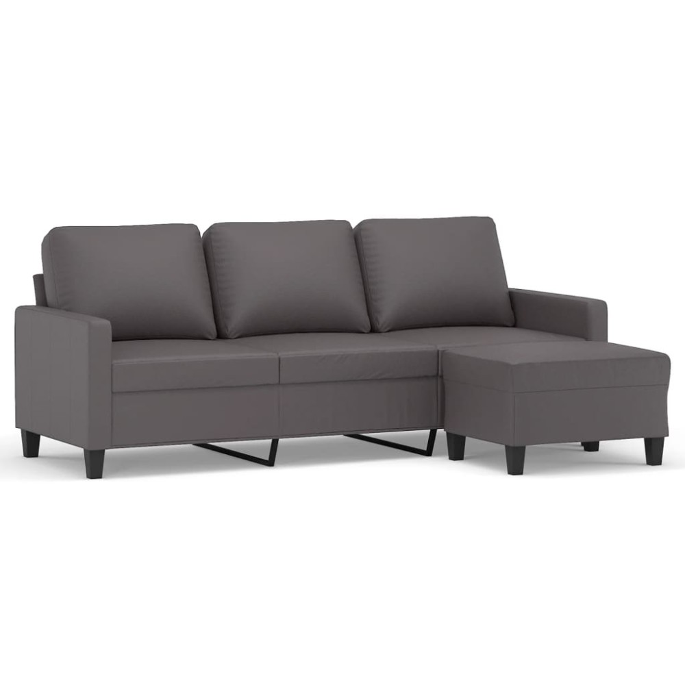 vidaXL Canapea cu 3 locuri și taburet, gri, 180 cm, piele ecologică
