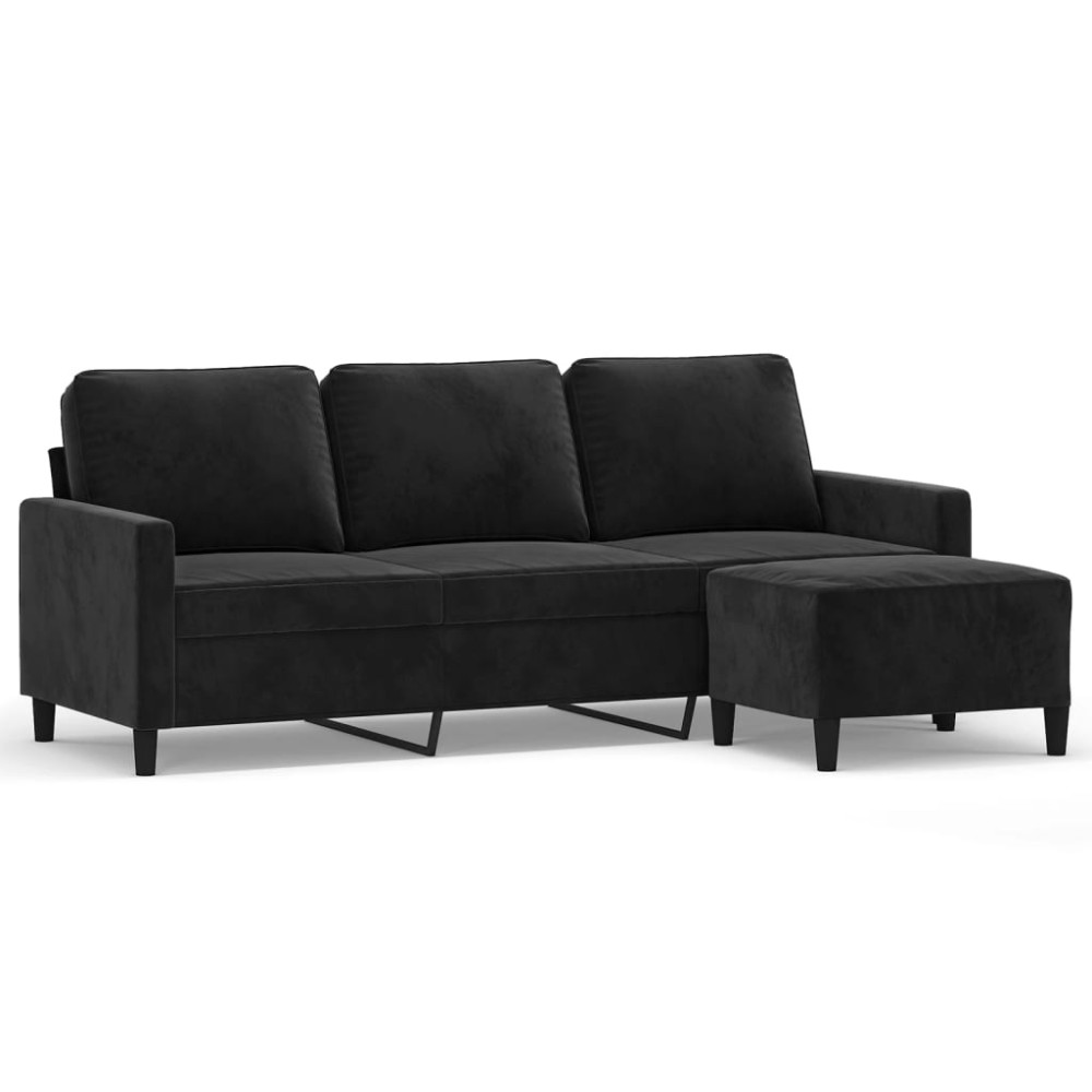 vidaXL Canapea cu 3 locuri și taburet, negru, 180 cm, catifea