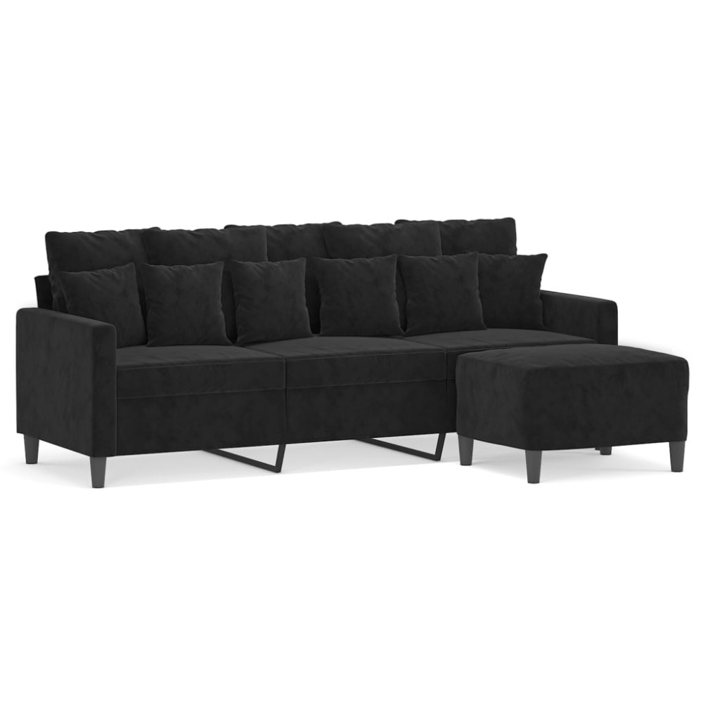 vidaXL Canapea cu 3 locuri și taburet, negru, 180 cm, catifea