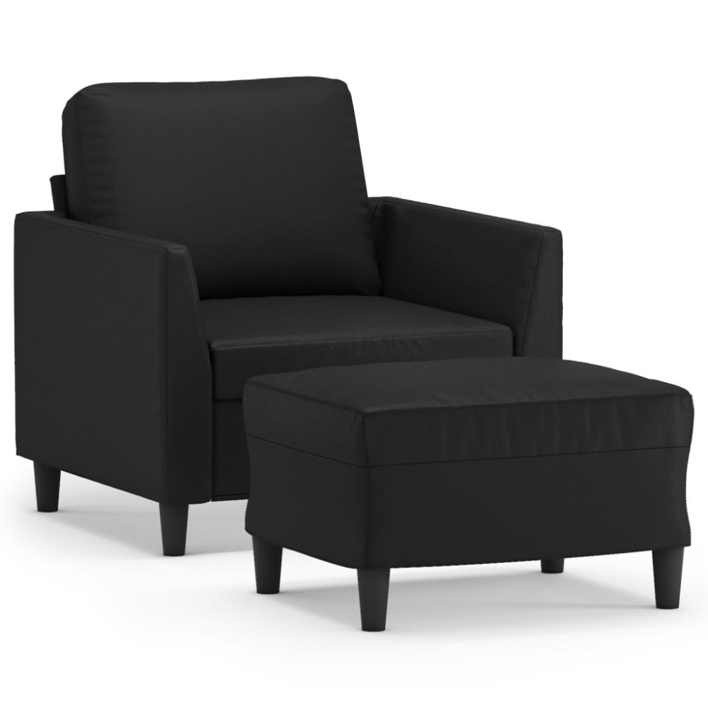 vidaXL Fotoliu canapea cu taburet, negru, 60 cm, piele ecologică