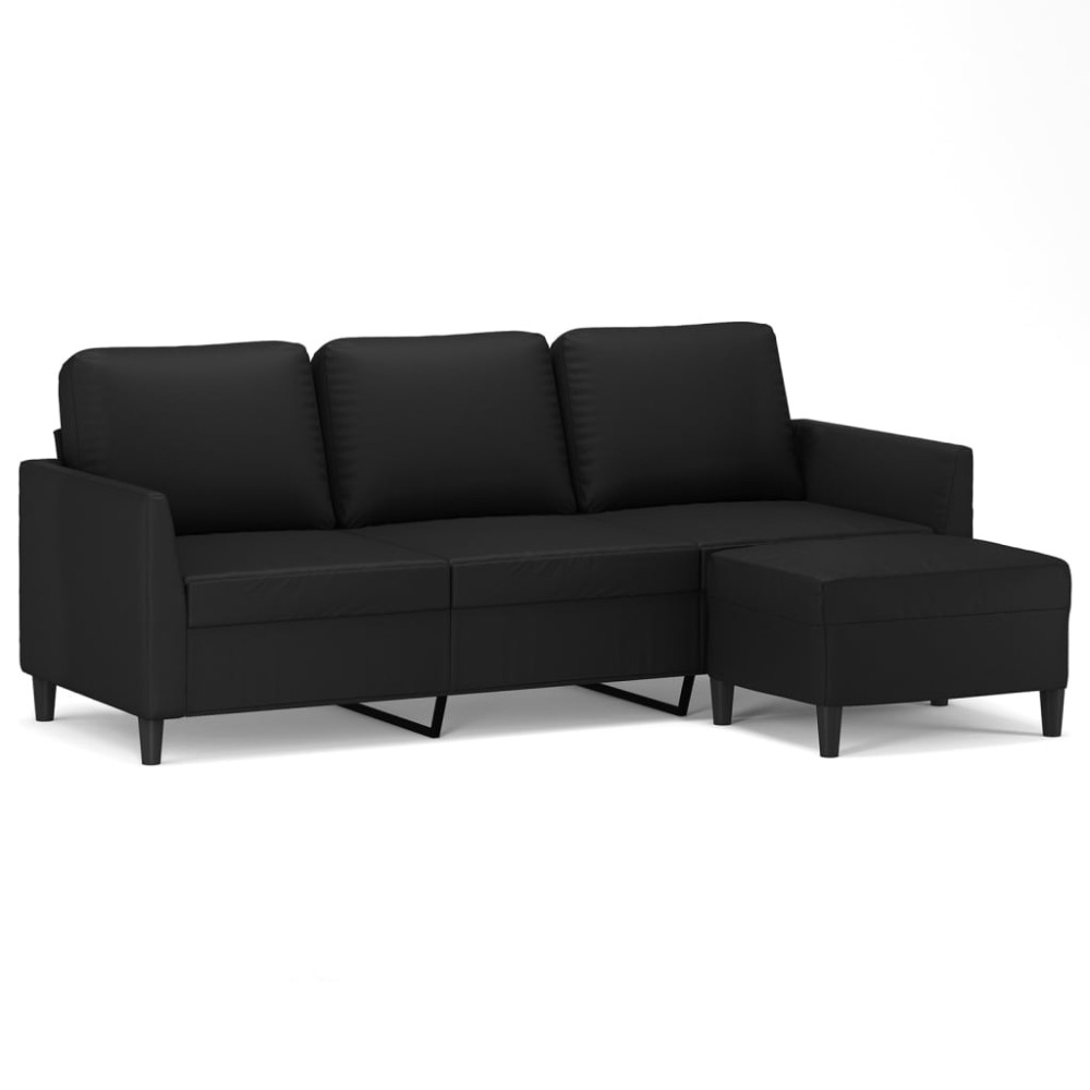 vidaXL Canapea cu 3 locuri și taburet, negru, 180 cm, piele ecologică