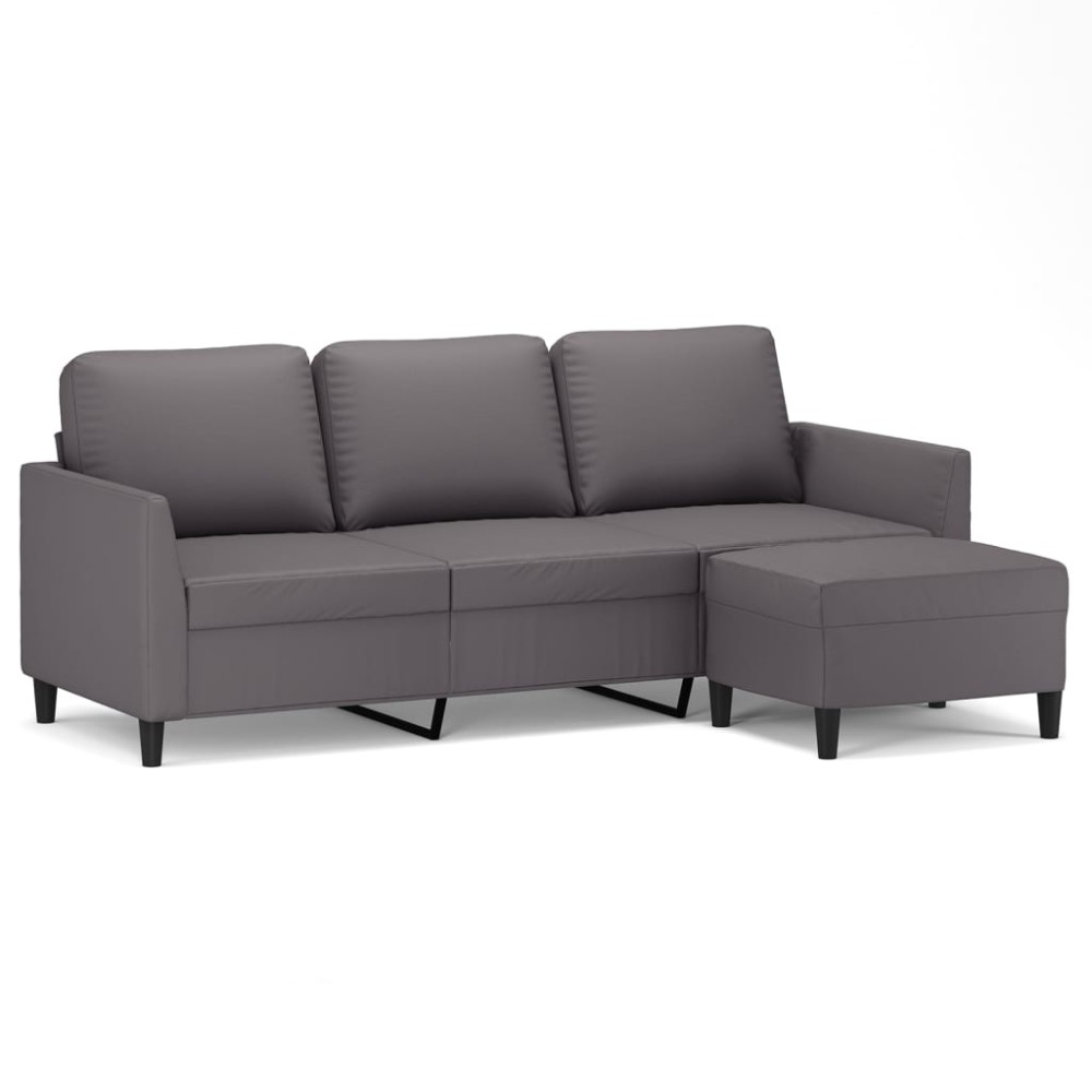 vidaXL Canapea cu 3 locuri și taburet, gri, 180 cm, piele ecologică