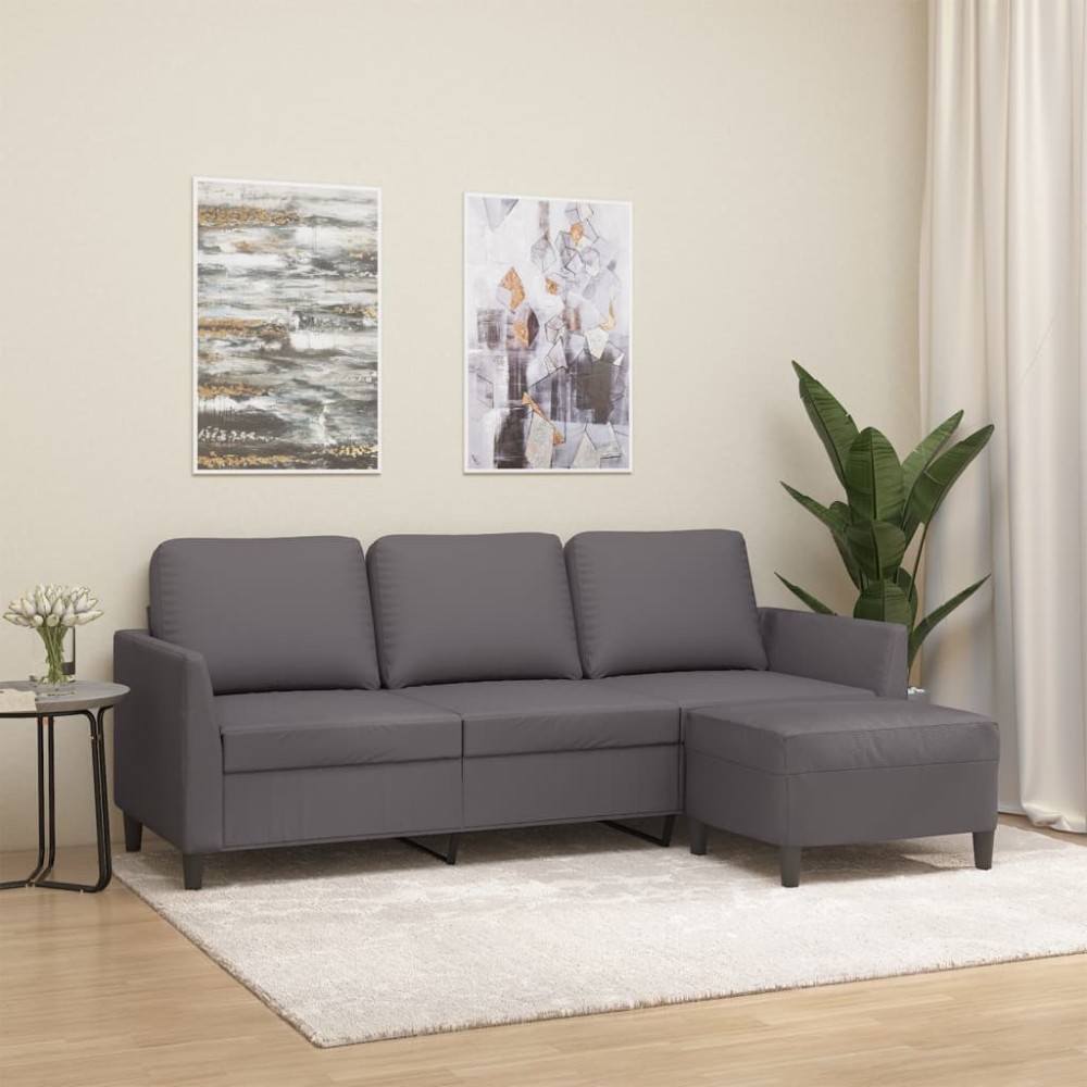 vidaXL Canapea cu 3 locuri și taburet, gri, 180 cm, piele ecologică