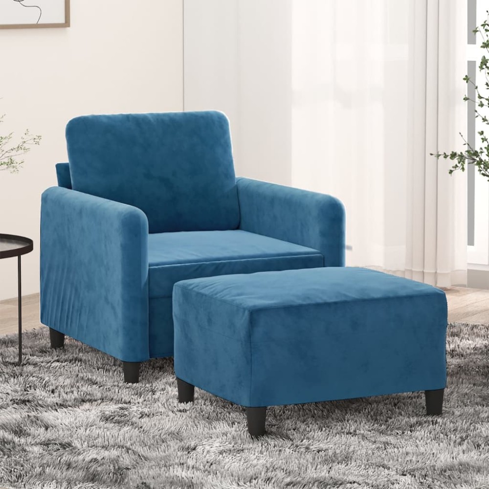 vidaXL Fotoliu canapea cu taburet, albastru, 60 cm, catifea