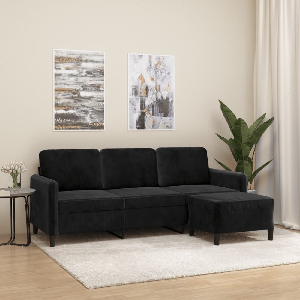 vidaXL Canapea cu 3 locuri și taburet, negru, 180 cm, catifea