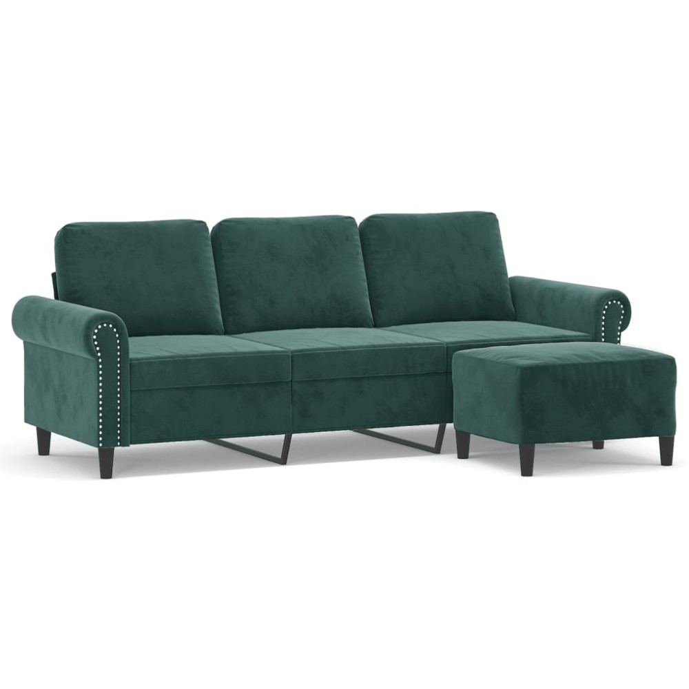 vidaXL Canapea cu 3 locuri și taburet, verde închis, 180 cm, catifea