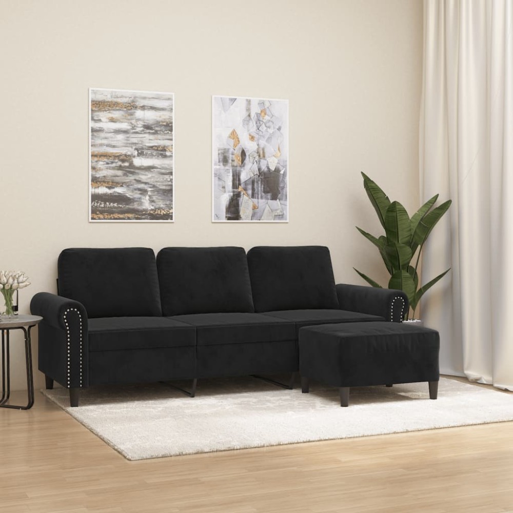 vidaXL Canapea cu 3 locuri și taburet, negru, 180 cm, catifea
