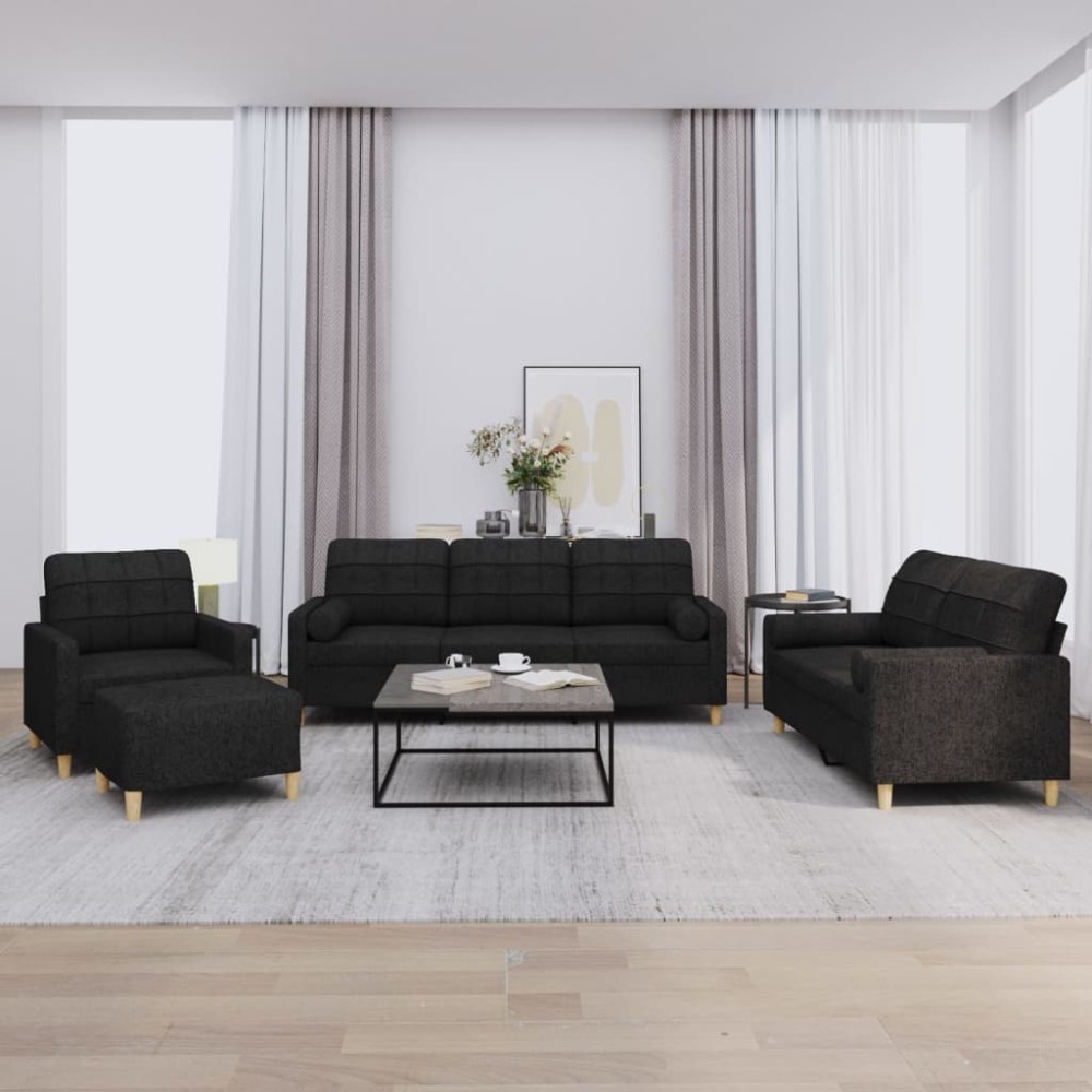 vidaXL Set de canapele cu perne, 4 piese, negru, material textil