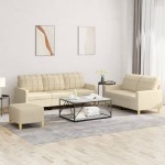 vidaXL Set de canapele cu perne, 3 piese, crem, textil
