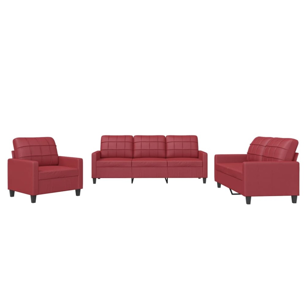 vidaXL Set de canapele cu perne, 3 piese, roșu vin, piele ecologică