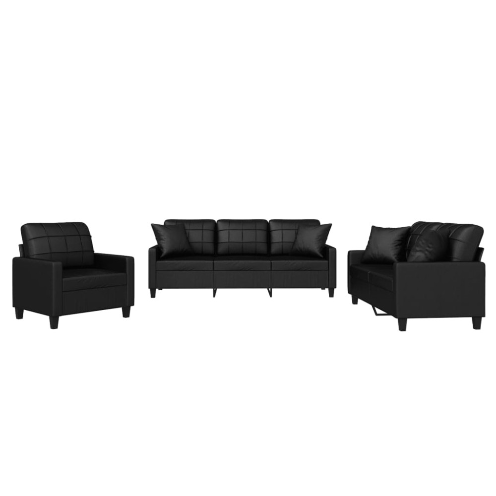 vidaXL Set de canapele cu perne, 3 piese, negru, piele ecologică