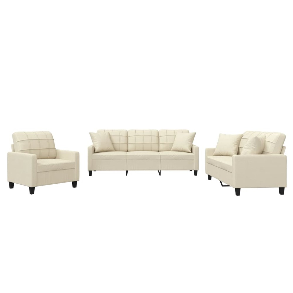 vidaXL Set de canapele cu perne, 3 piese, crem, piele ecologică