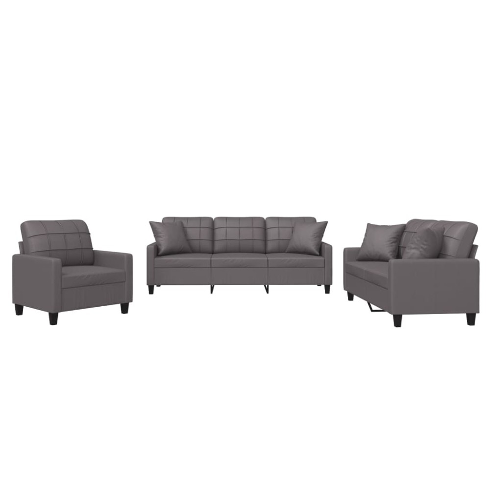 vidaXL Set de canapele cu perne, 3 piese, gri, piele ecologică