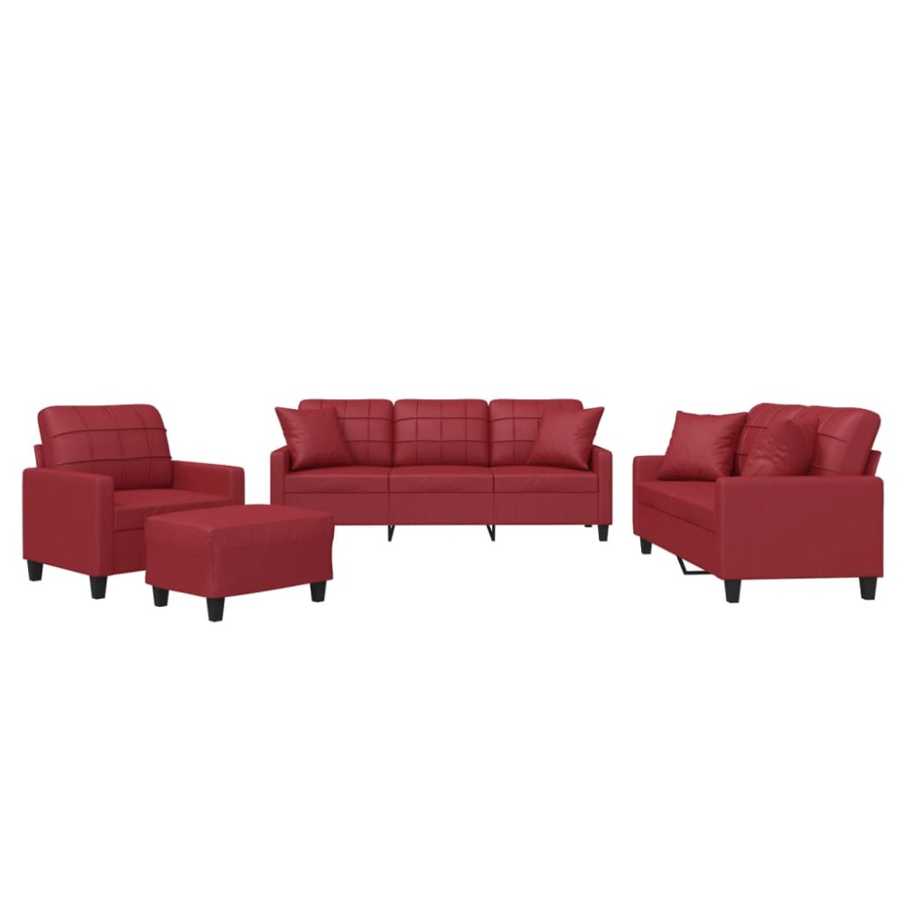 vidaXL Set de canapele cu perne, 4 piese, roșu vin, piele ecologică