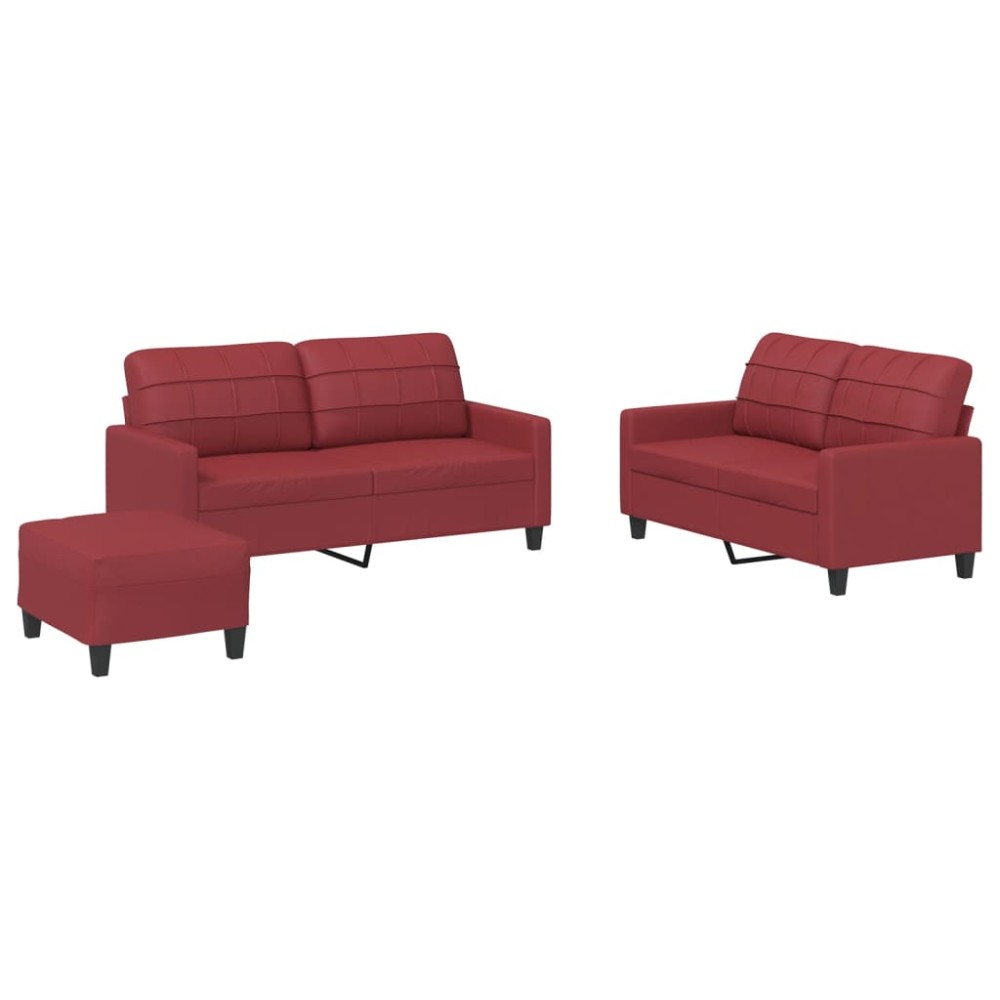 vidaXL Set de canapele cu perne, 3 piese, roșu vin, piele ecologică