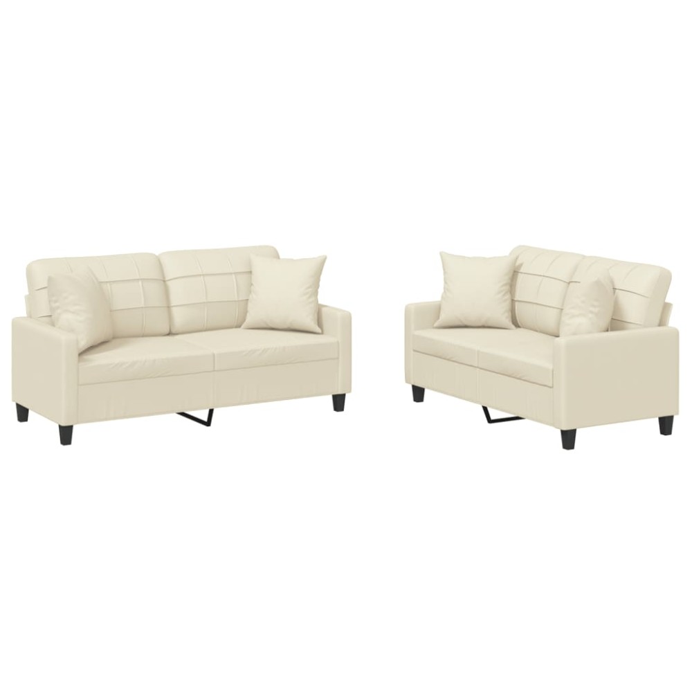 vidaXL Set de canapele cu perne, 2 piese, crem, piele ecologică