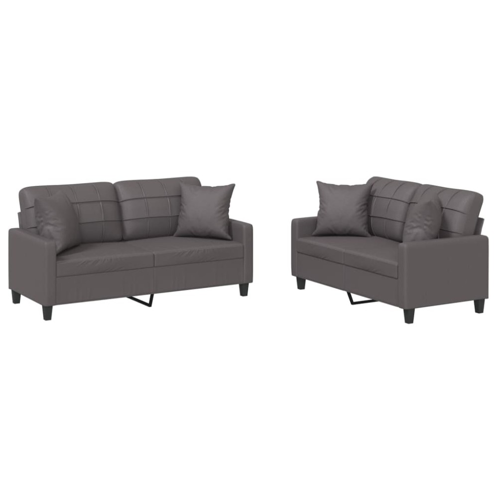 vidaXL Set de canapele cu perne, 2 piese, gri, piele ecologică