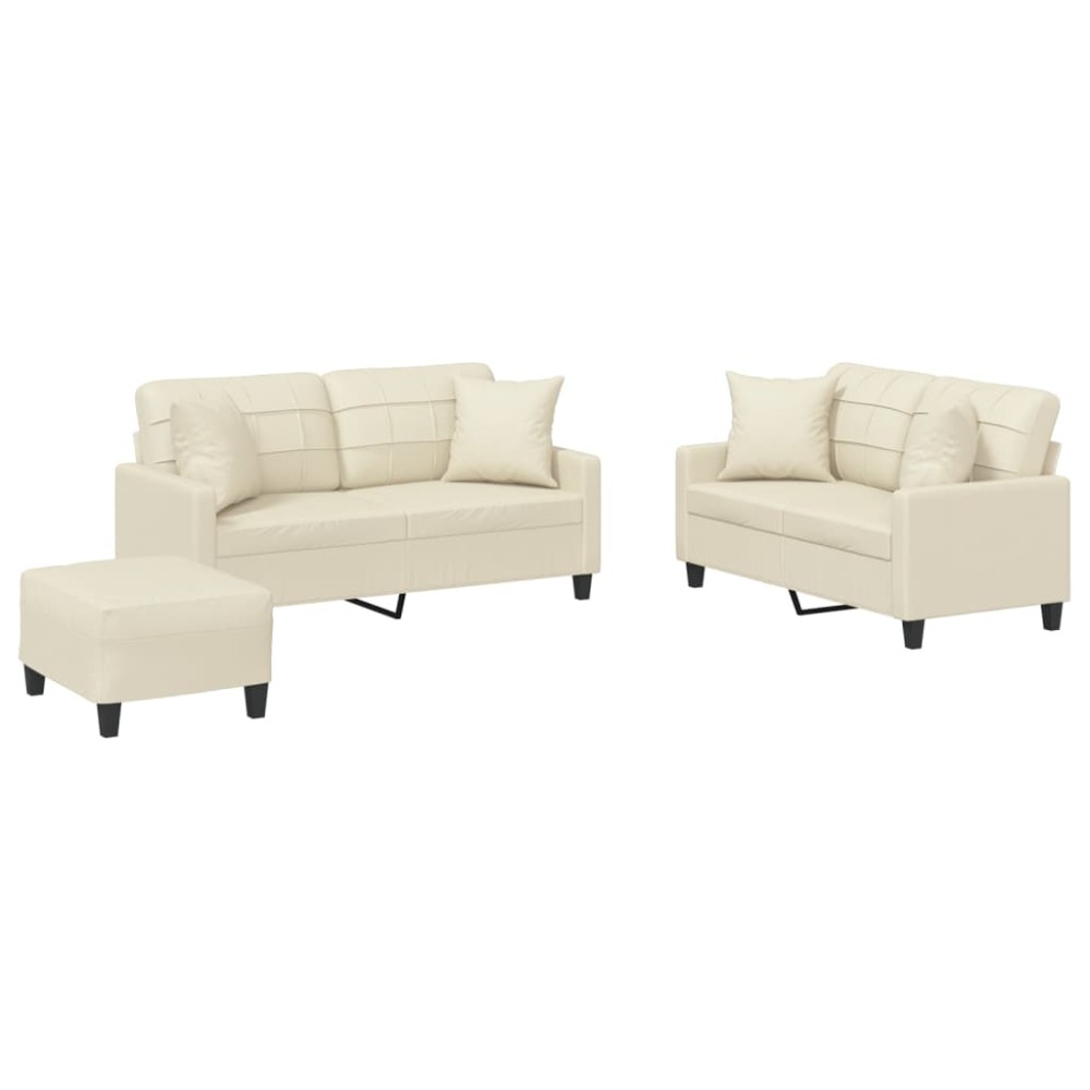 vidaXL Set de canapele cu perne, 3 piese, crem, piele ecologică
