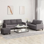 vidaXL Set de canapele cu perne, 3 piese, gri, piele ecologică vidaXL Set de canapele cu perne, 3 piese, gri, piele ecologică