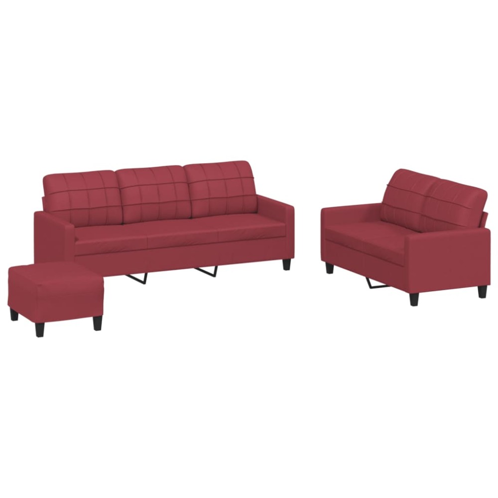 vidaXL Set de canapele cu perne, 3 piese, roșu vin, piele ecologică
