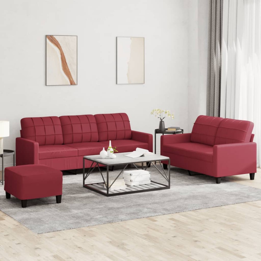 vidaXL Set de canapele cu perne, 3 piese, roșu vin, piele ecologică