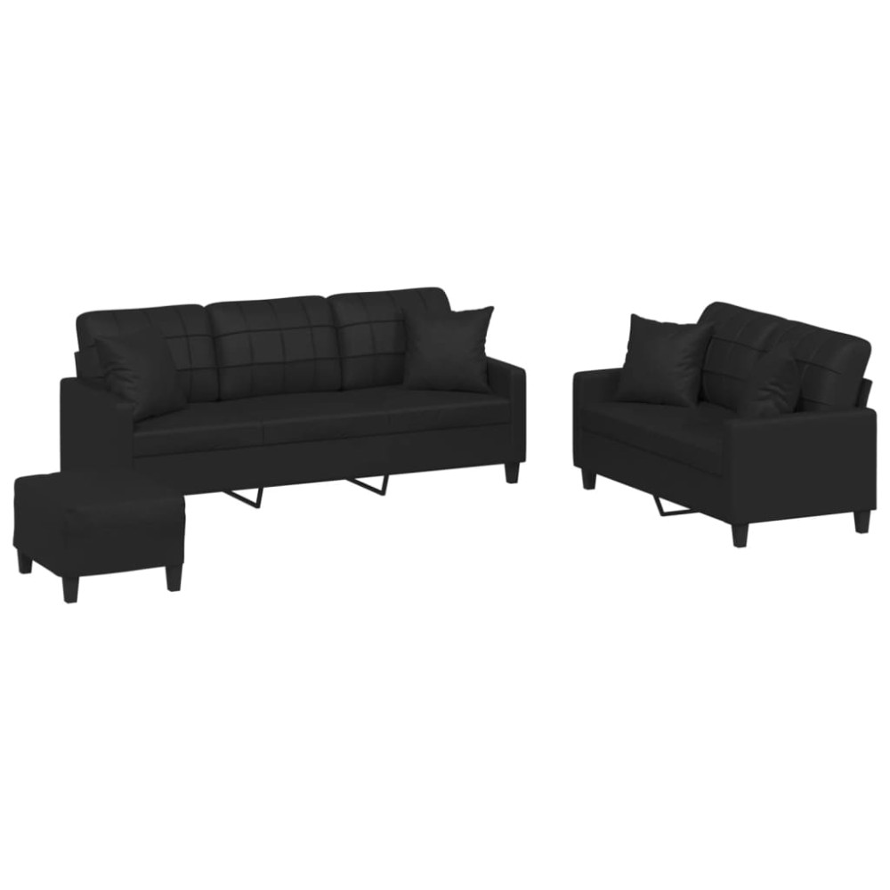 vidaXL Set de canapele cu perne, 3 piese, negru, piele ecologică