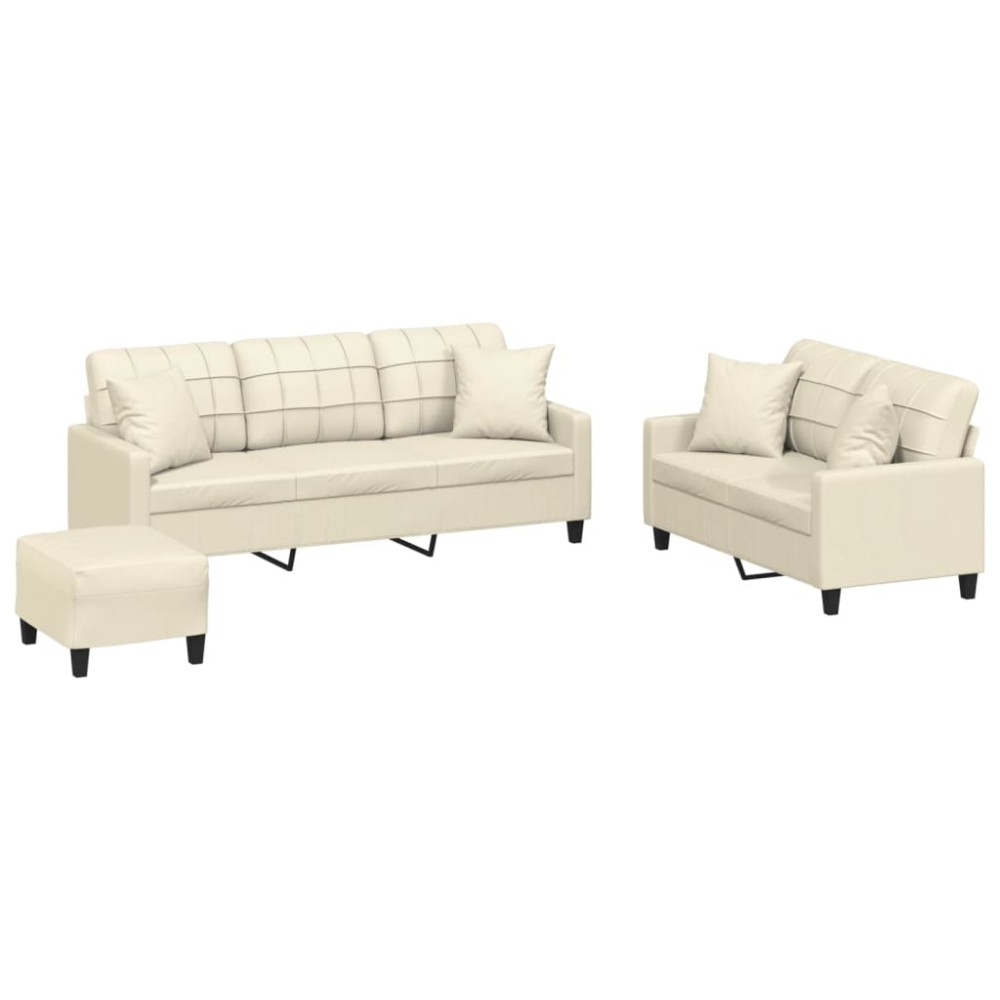 vidaXL Set de canapele cu perne, 3 piese, crem, piele ecologică