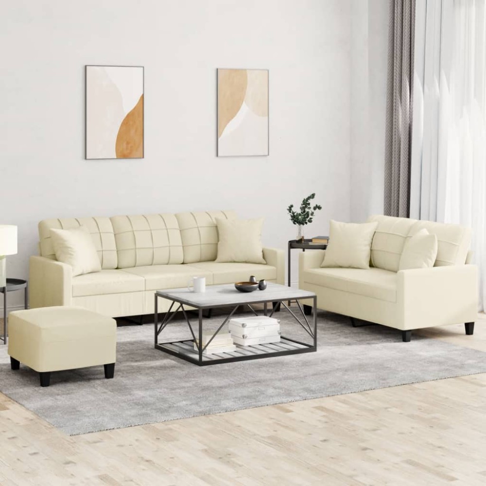 vidaXL Set de canapele cu perne, 3 piese, crem, piele ecologică