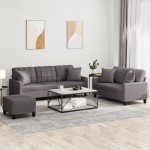 vidaXL Set de canapele cu perne, 3 piese, gri, piele ecologică vidaXL Set de canapele cu perne, 3 piese, gri, piele ecologică