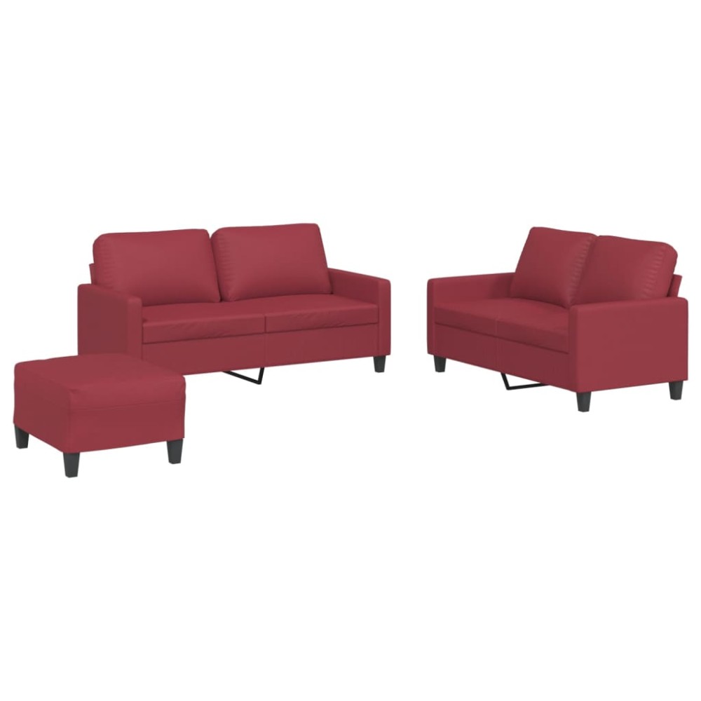 vidaXL Set de canapele cu perne, 3 piese, roșu vin, piele ecologică