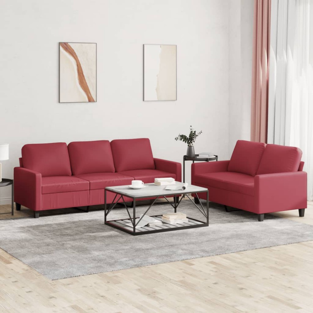 vidaXL Set de canapele cu perne, 2 piese, roșu vin, piele ecologică
