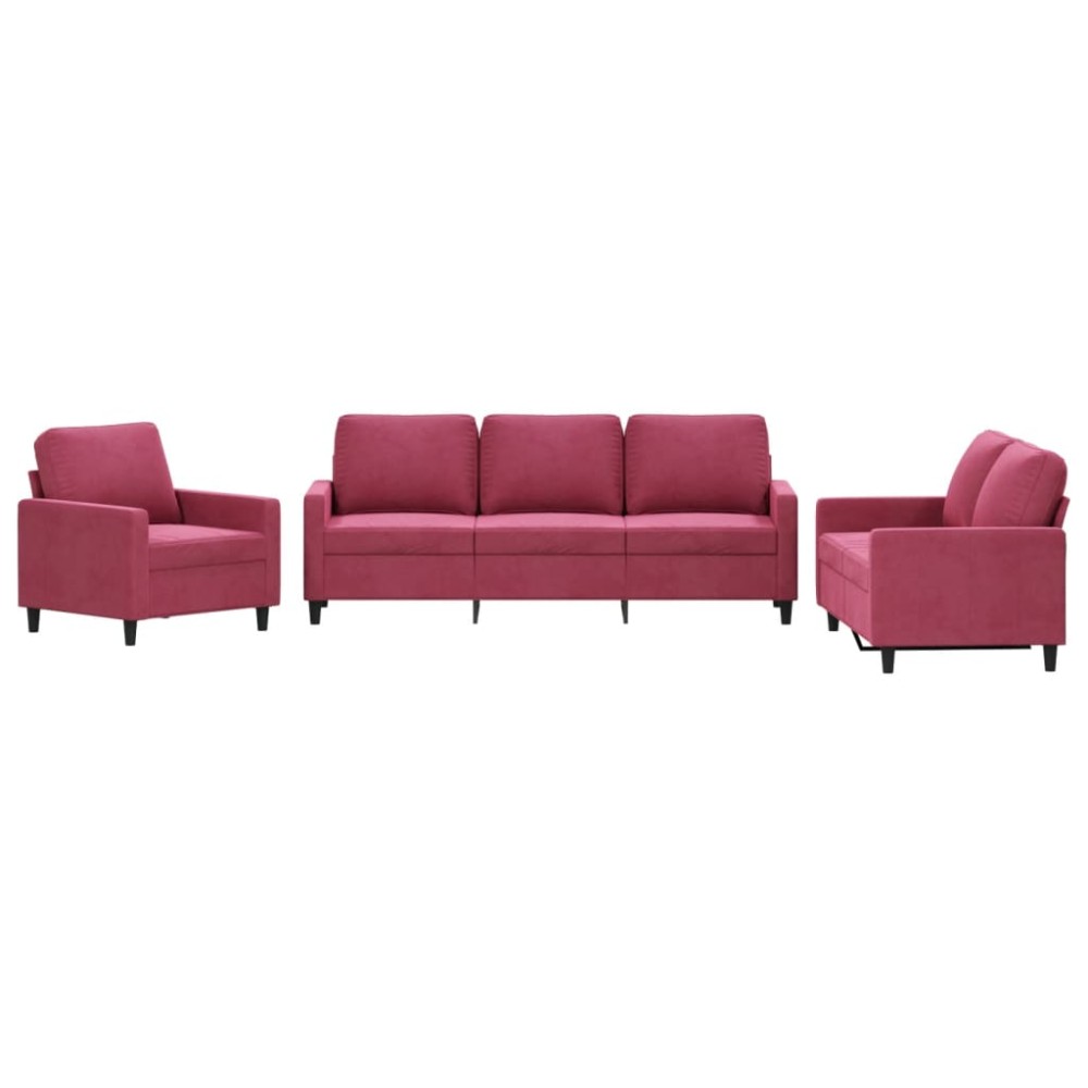 vidaXL Set canapea cu perne, 3 piese, roșu vin, catifea