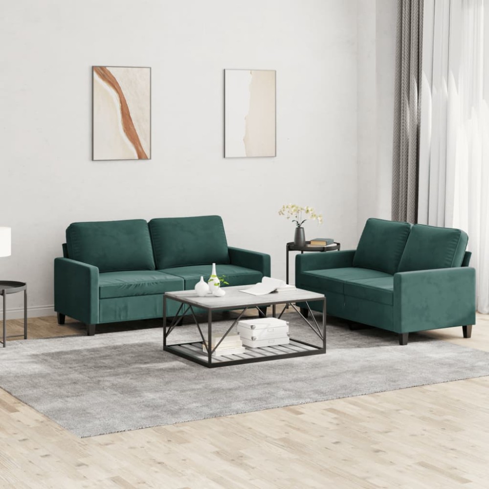 vidaXL Set de canapele cu perne, 2 piese, verde închis, catifea